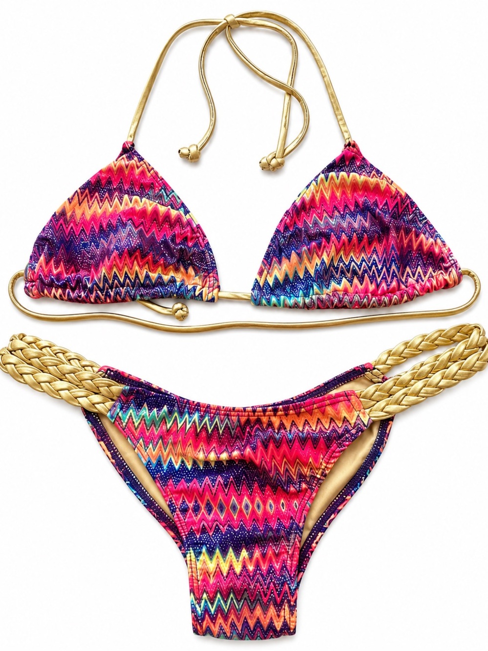 Ravish Sands Swimwear Bikini Set Medium Tribal Aztec Print Gold Braided Sides